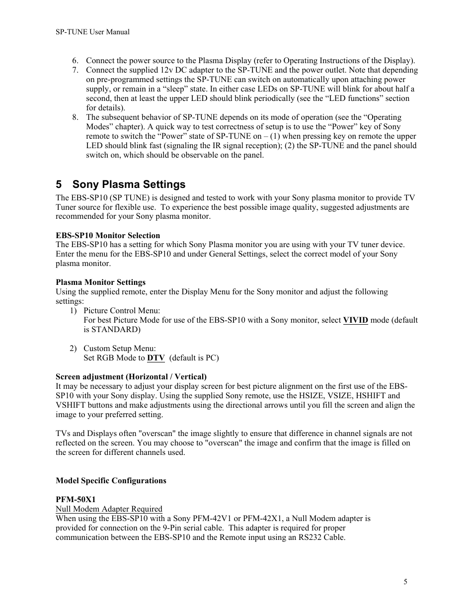 5 sony plasma settings | Sony EBS-SP10 User Manual | Page 6 / 20