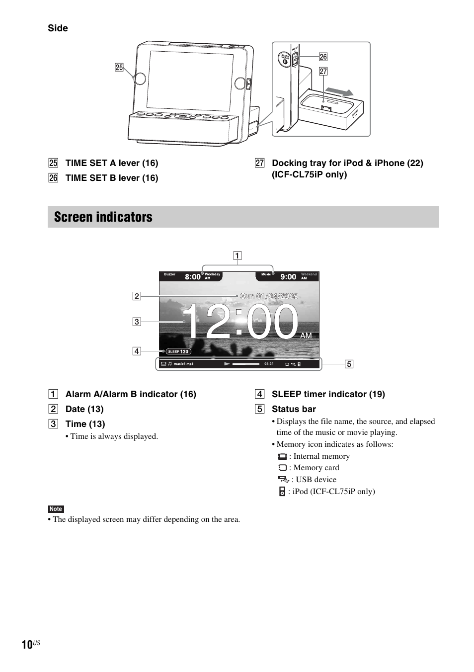 Screen indicators | Sony ICF-CL75IP User Manual | Page 10 / 32