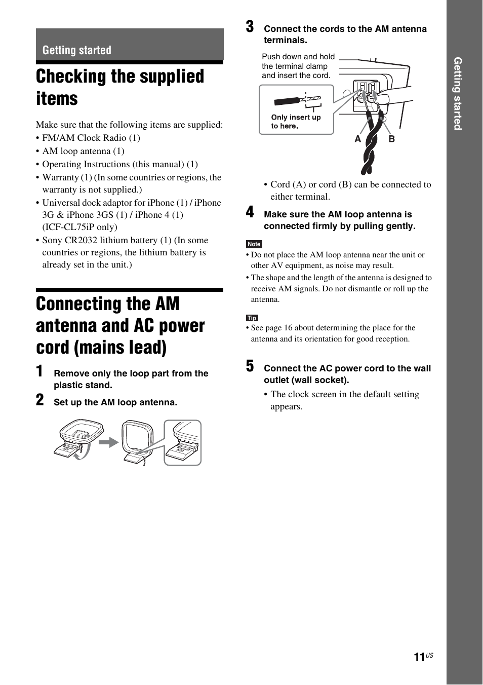 Getting started, Checking the supplied items, Ac power cord (mains lead) | Sony ICF-CL75IP User Manual | Page 11 / 32