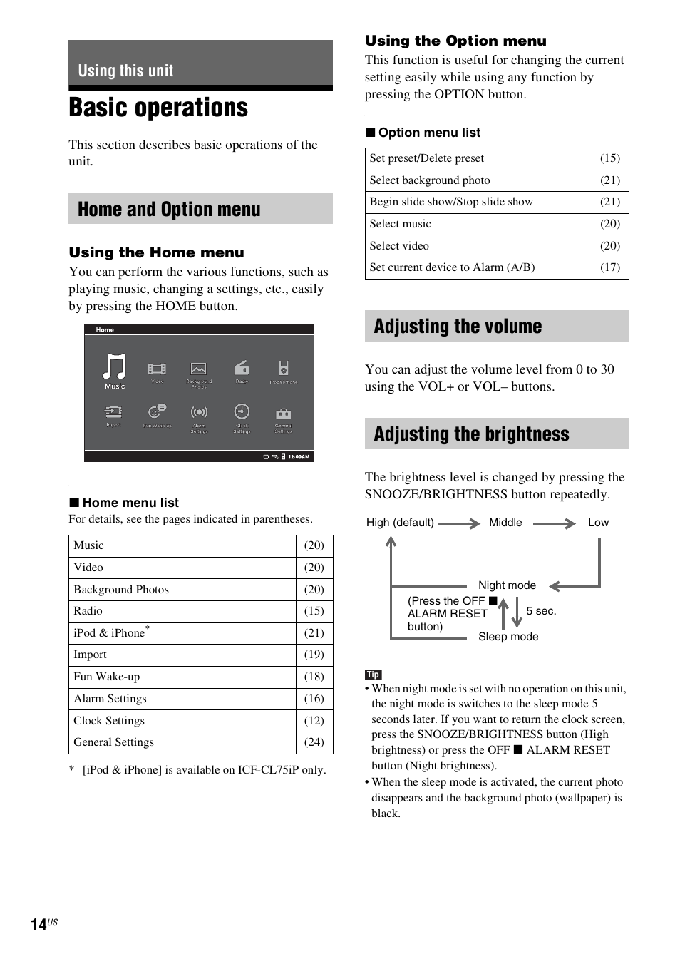 Using this unit, Basic operations, Home and option menu | Adjusting the volume, Adjusting the brightness, Adjusting the volume adjusting the brightness | Sony ICF-CL75IP User Manual | Page 14 / 32