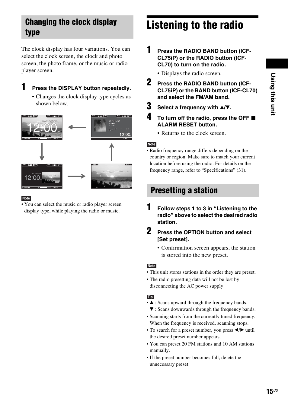 Changing the clock display type, Listening to the radio, Presetting a station | Sony ICF-CL75IP User Manual | Page 15 / 32