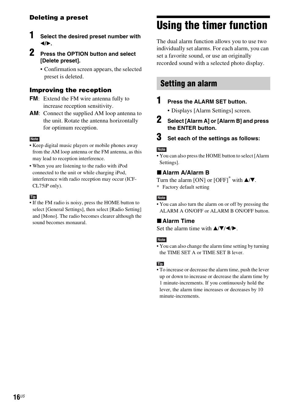 Using the timer function, Setting an alarm, Alarm/sleep timer function (16) | Tton (16), A (16), Ever (16) | Sony ICF-CL75IP User Manual | Page 16 / 32