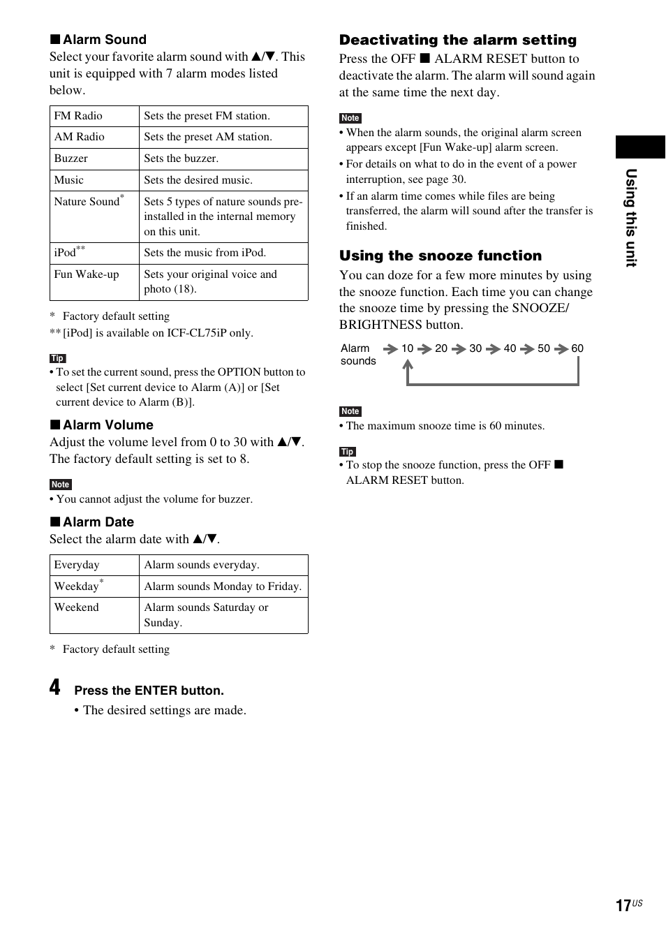 Usin g thi s un it, Deactivating the alarm setting, Using the snooze function | Sony ICF-CL75IP User Manual | Page 17 / 32