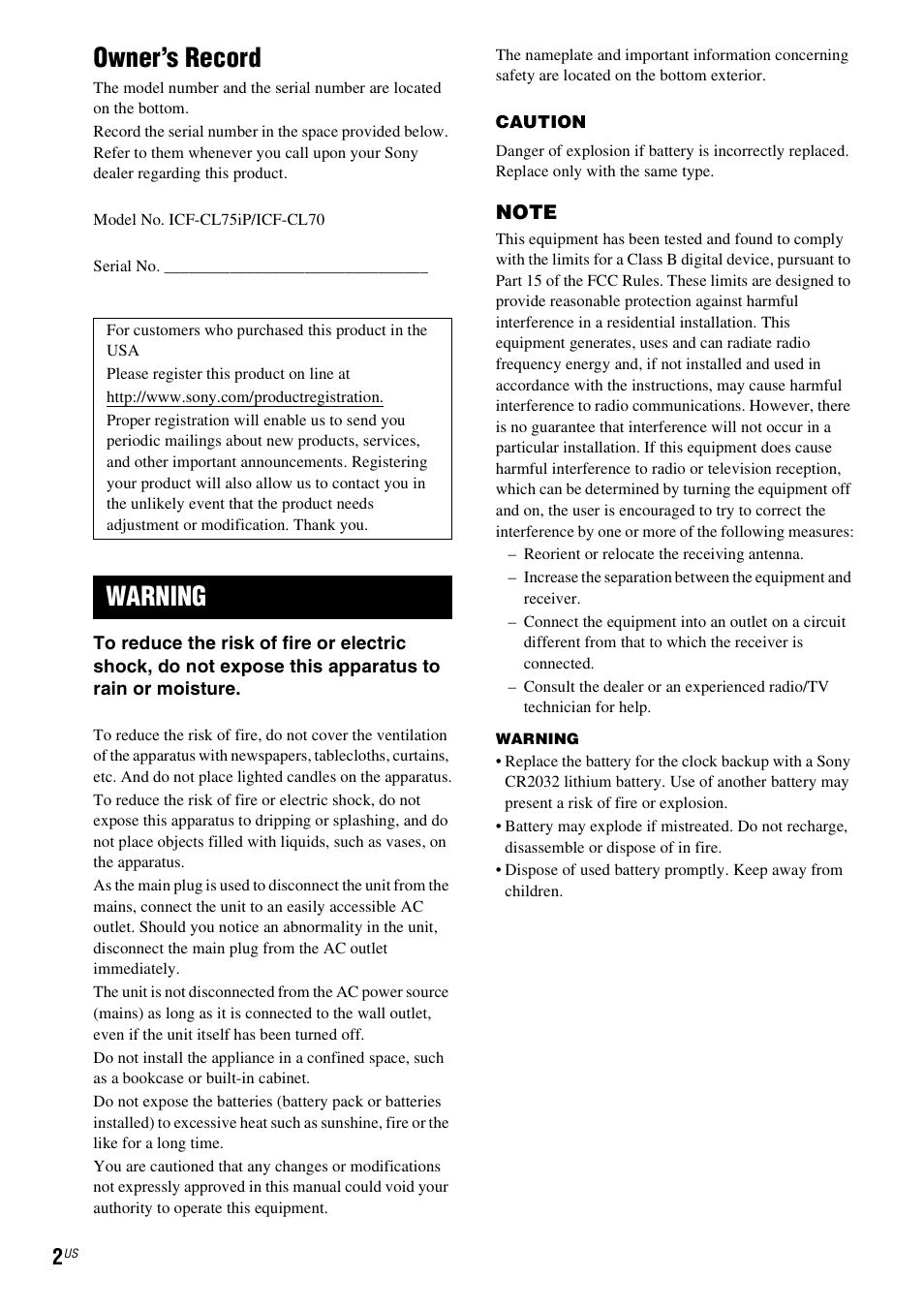Owner’s record, Warning | Sony ICF-CL75IP User Manual | Page 2 / 32