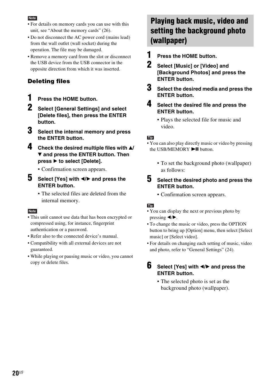 Playing back music, video and setting the, Background photo (wallpaper), Background photos (20) | Sony ICF-CL75IP User Manual | Page 20 / 32