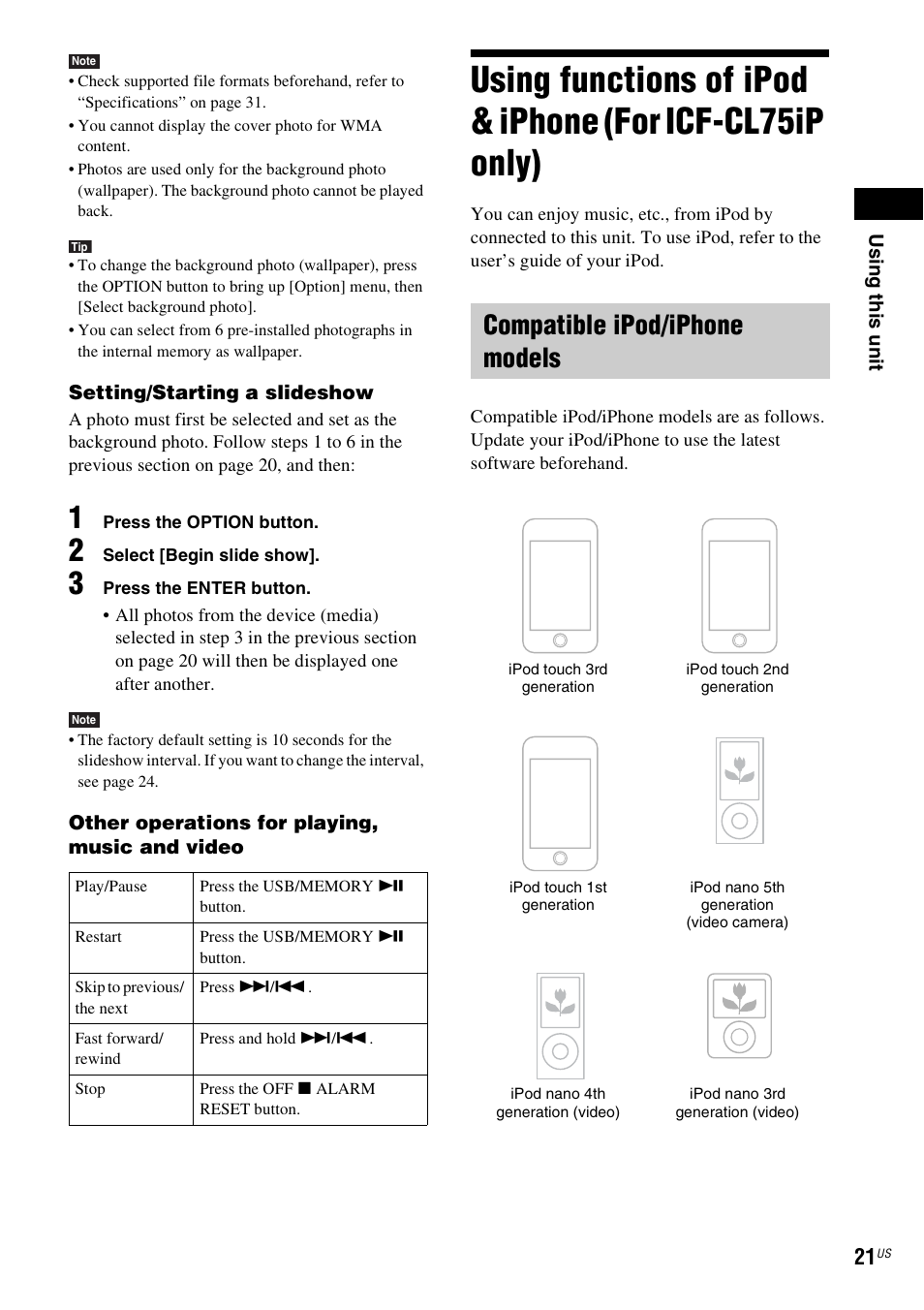 Compatible ipod/iphone models, Using functions of ipod & iphone, For icf-cl75ip only) | Cf-cl75ip only) (21), Cf-cl70) (21) | Sony ICF-CL75IP User Manual | Page 21 / 32