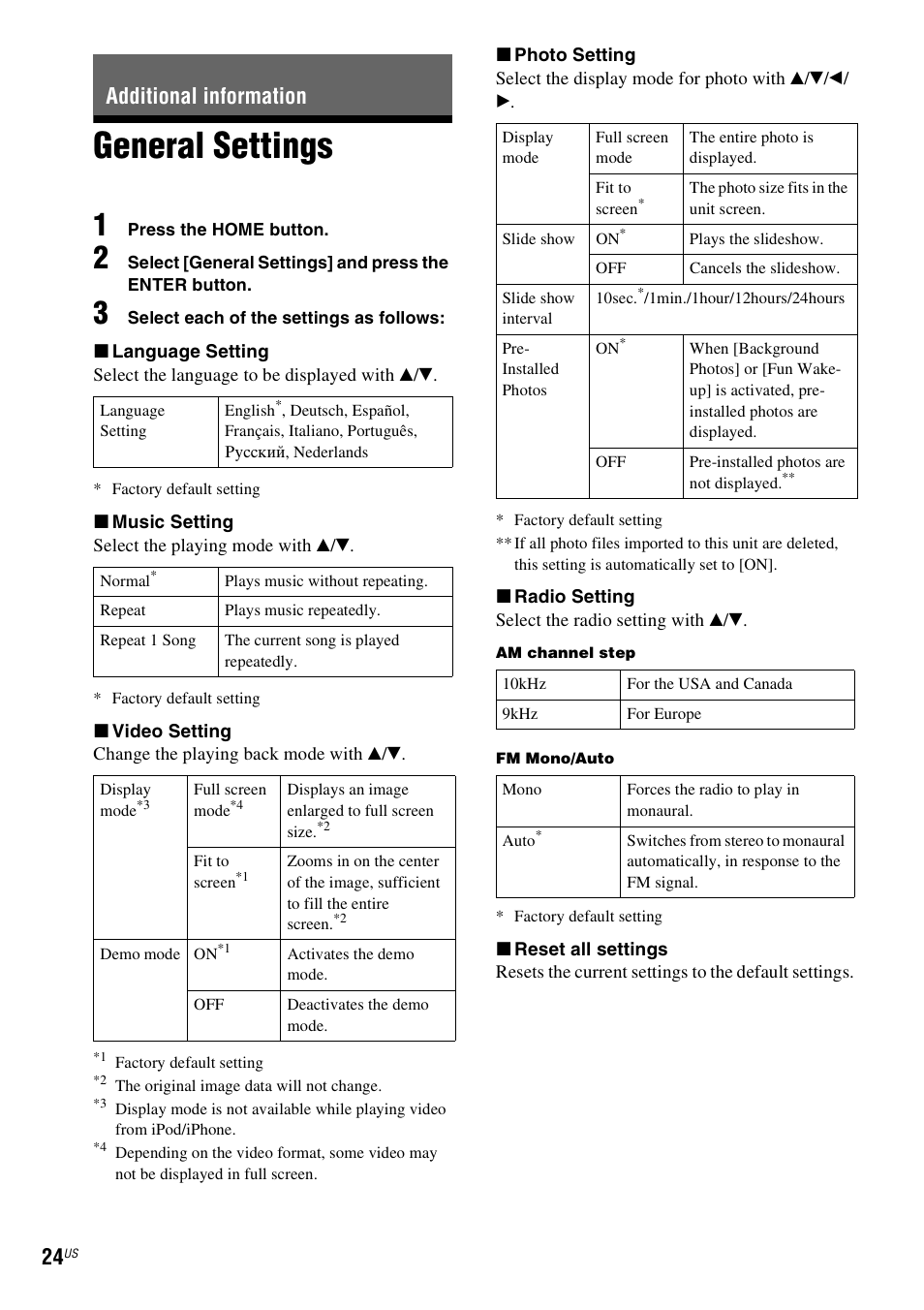 Additional information, General settings | Sony ICF-CL75IP User Manual | Page 24 / 32