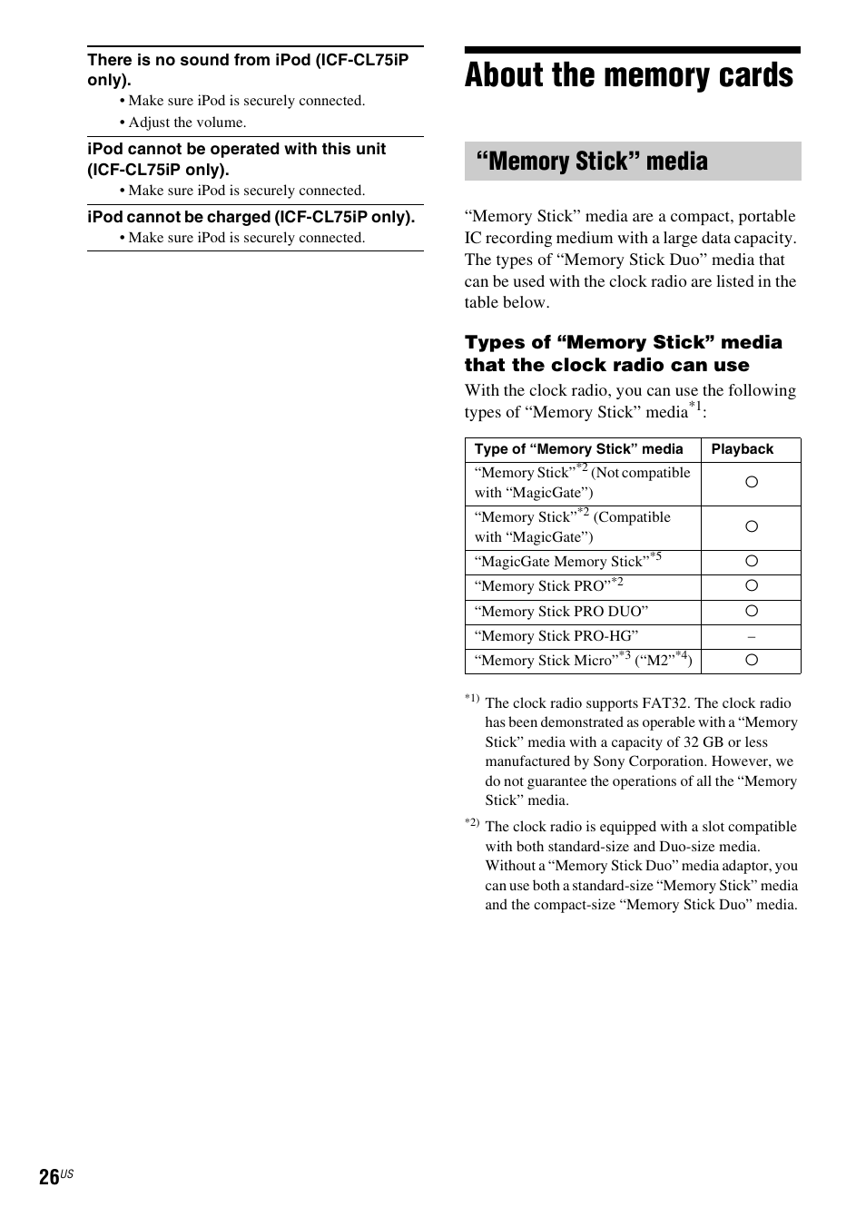 About the memory cards, Memory stick” media | Sony ICF-CL75IP User Manual | Page 26 / 32