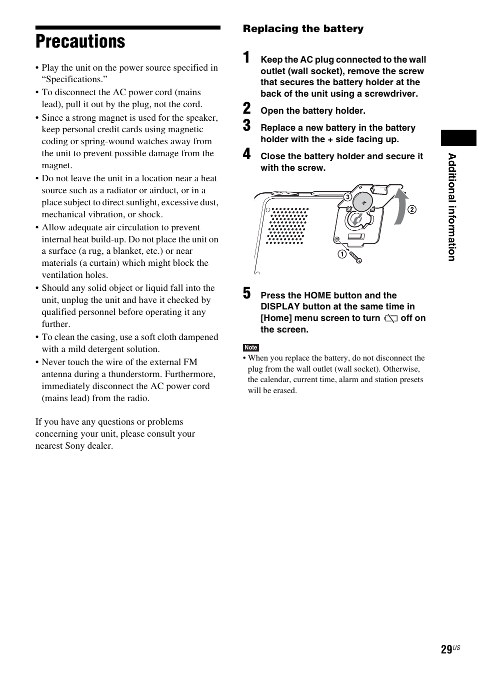 Precautions, Er (29) | Sony ICF-CL75IP User Manual | Page 29 / 32