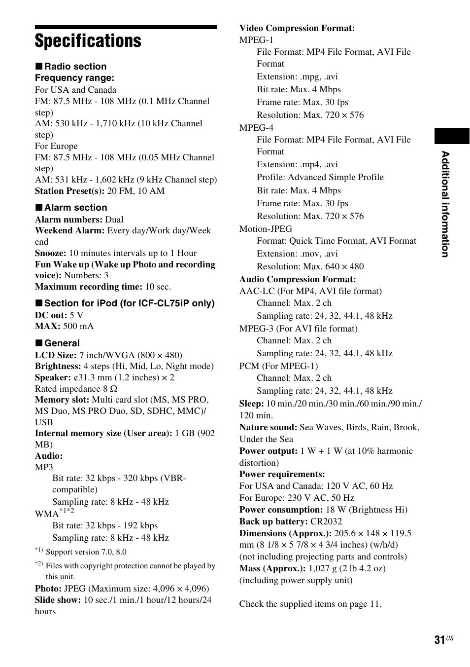 Specifications | Sony ICF-CL75IP User Manual | Page 31 / 32