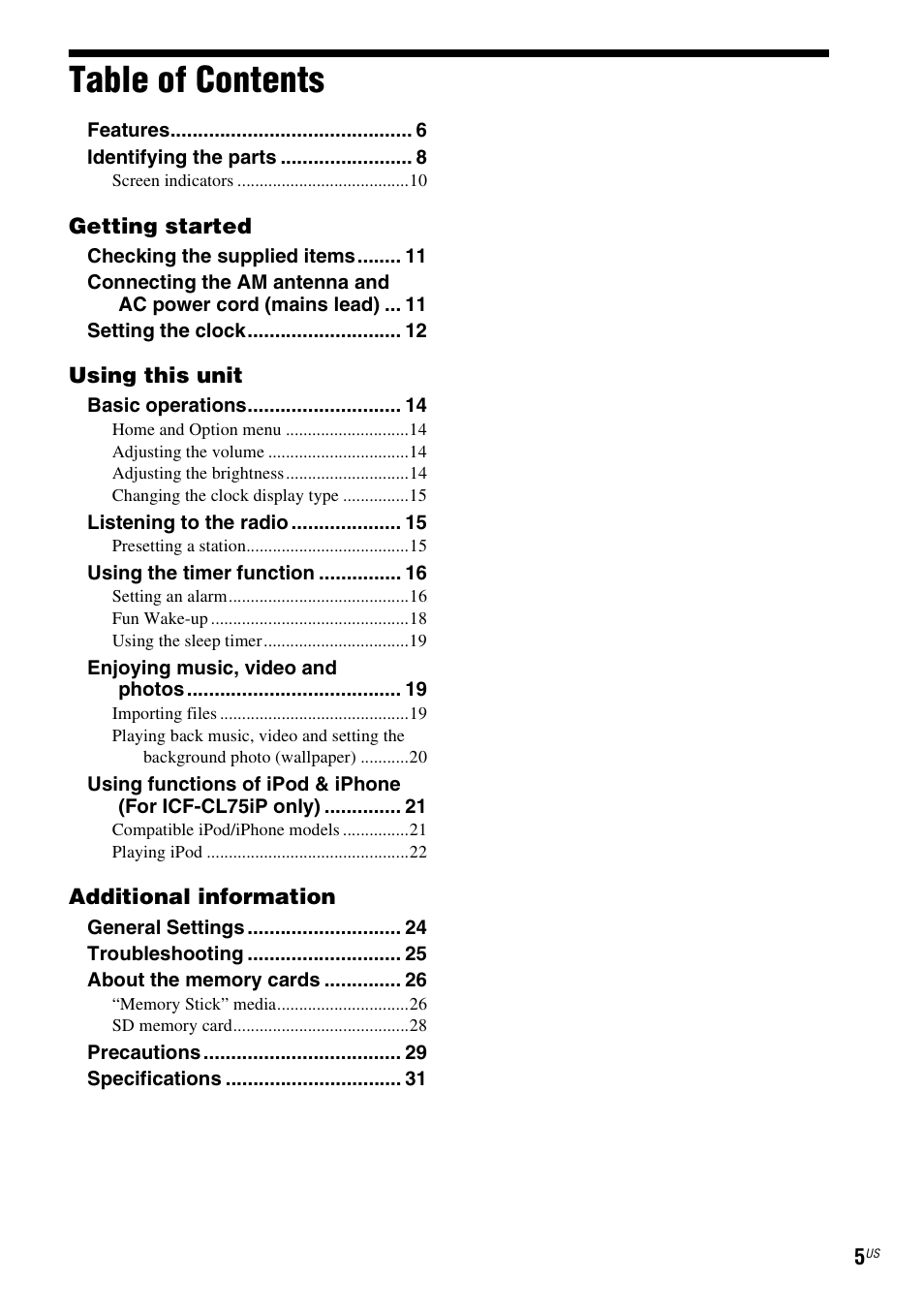 Sony ICF-CL75IP User Manual | Page 5 / 32