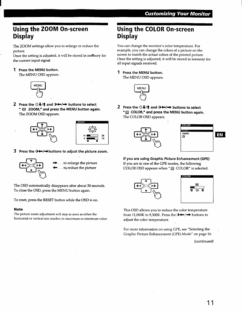 Using the zoom on-screen display, 1 press the menu button, 2 press the and buttons to select | Using the color on-screen display, 2 press the ici 'f/♦ and buttons to select, If you are using graphic picture enhancement (gpe), Customizing your monitor | Sony CPD-220GS User Manual | Page 11 / 76