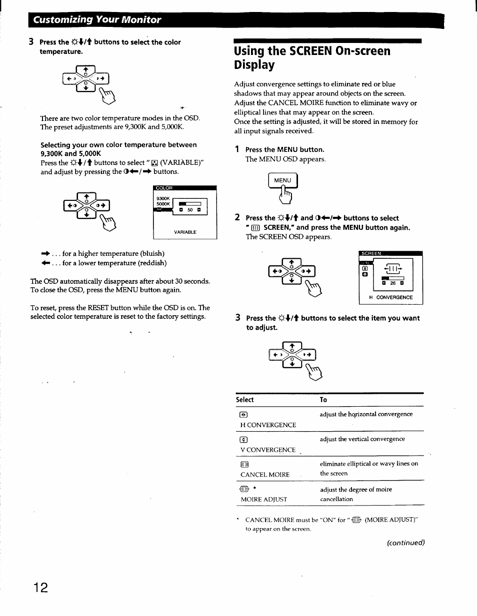 Using the screen on-screen display, 1 press the menu button, Customizing your monitor | Sony CPD-220GS User Manual | Page 12 / 76