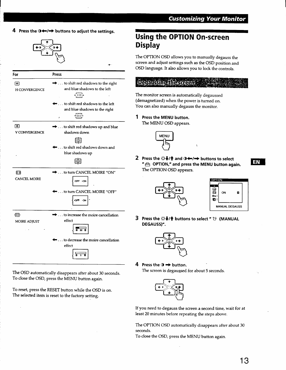 Using the option on-screen display, 1 press the menu button, 2 press the and buttons to select | 3 press the buttons to select" th (manual degauss), 4 press the 3 -► button, Customizing your monitor | Sony CPD-220GS User Manual | Page 13 / 76