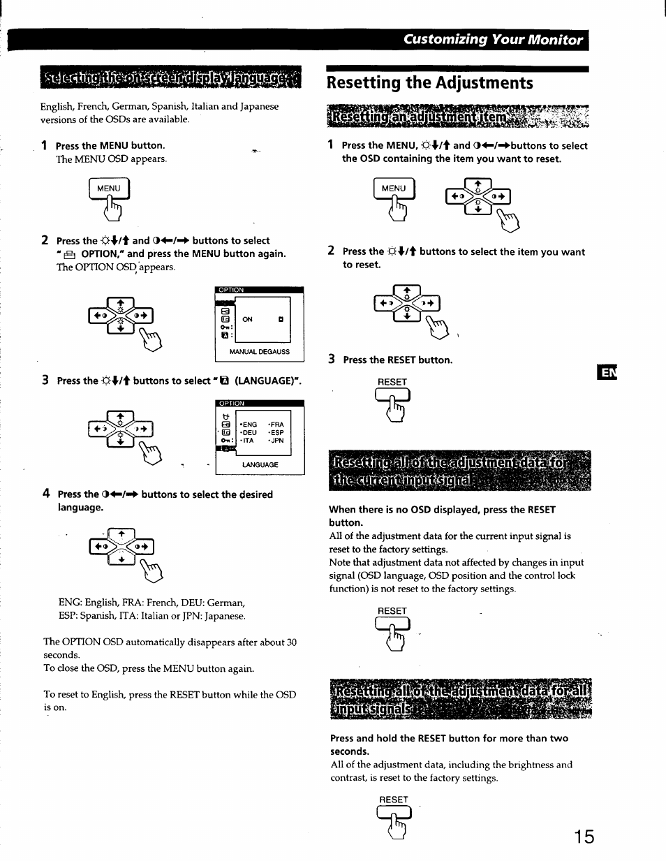 1 press the menu button, 2 press the and buttons to select, 3 press the buttons to select" q (language) | 4 press the buttons to select the desired, Resetting the adjustments, 2 press the buttons to select the item you want, 3 press the reset button, Customizing your monitor | Sony CPD-220GS User Manual | Page 15 / 76