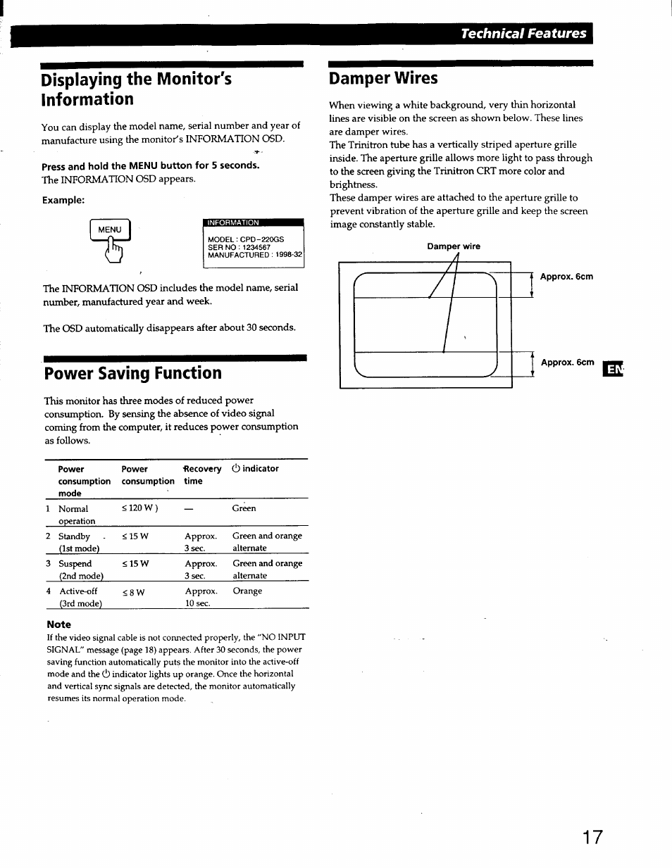 Displaying the monitor's information, Press and hold the menu button for 5 seconds, Example | Damper wires, Power saving function, Technical features | Sony CPD-220GS User Manual | Page 17 / 76