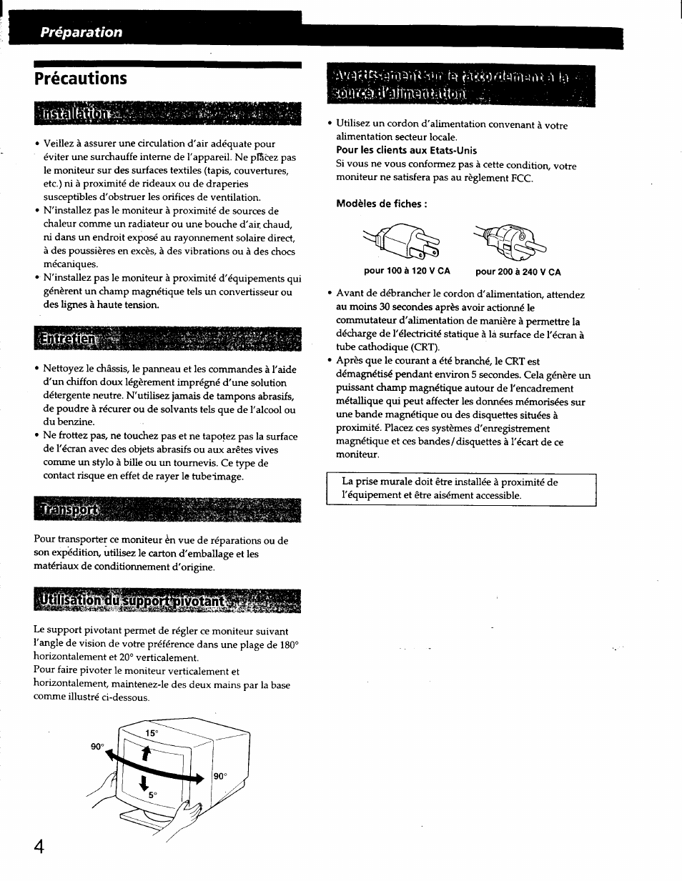 Précautions, Modèles de fiches, Préparation | Sationdu supportiiiv^^tl | Sony CPD-220GS User Manual | Page 22 / 76