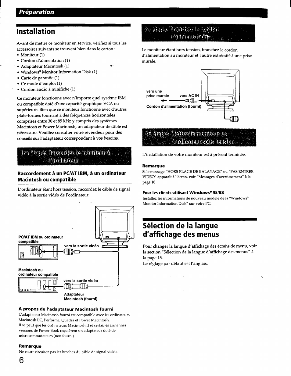 Installation, Remarque, Pour les clients utilisant windows* 95/98 | Sélection de la langue d'affichage des menus, Préparation | Sony CPD-220GS User Manual | Page 24 / 76