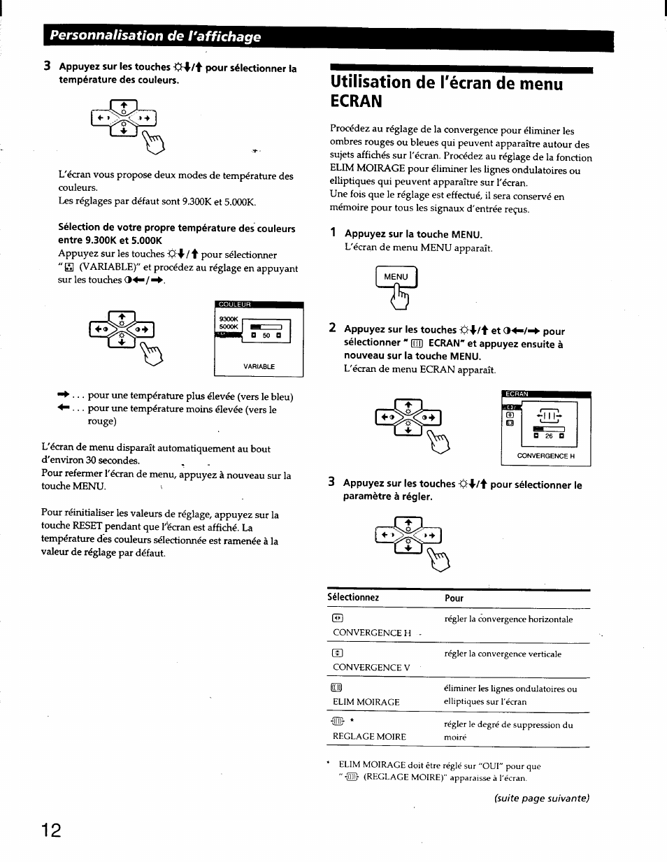 Utilisation de l'écran de menu ecran, 1 appuyez sur la touche menu, 2 appuyez sur les touches et 04-/^ pour | 3 appuyez sur les touches pour sélectionner le, Personnalisation de l'affichage | Sony CPD-220GS User Manual | Page 30 / 76
