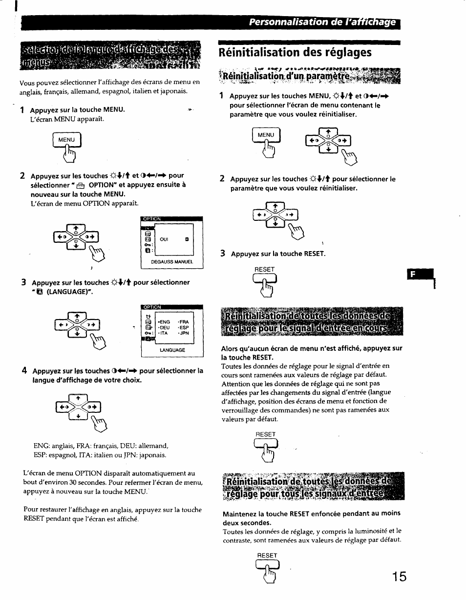 1 appuyez sur la touche menu, 3 appuyez sur les touches “b (language), 4 appuyez sur les touches pour sélectionner la | Réinitialisation des réglages, 3 appuyez sur la touche reset, Personnalisation de, Réinrtialisationd'un parainètr^l | Sony CPD-220GS User Manual | Page 33 / 76