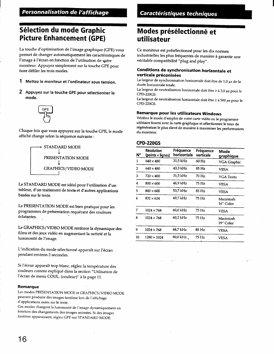 1 mettez le moniteur et l'ordinateur sous tension, Remarque, Modes présélectionné et utilisateur | Remarque pour les utilisateurs windows | Sony CPD-220GS User Manual | Page 34 / 76