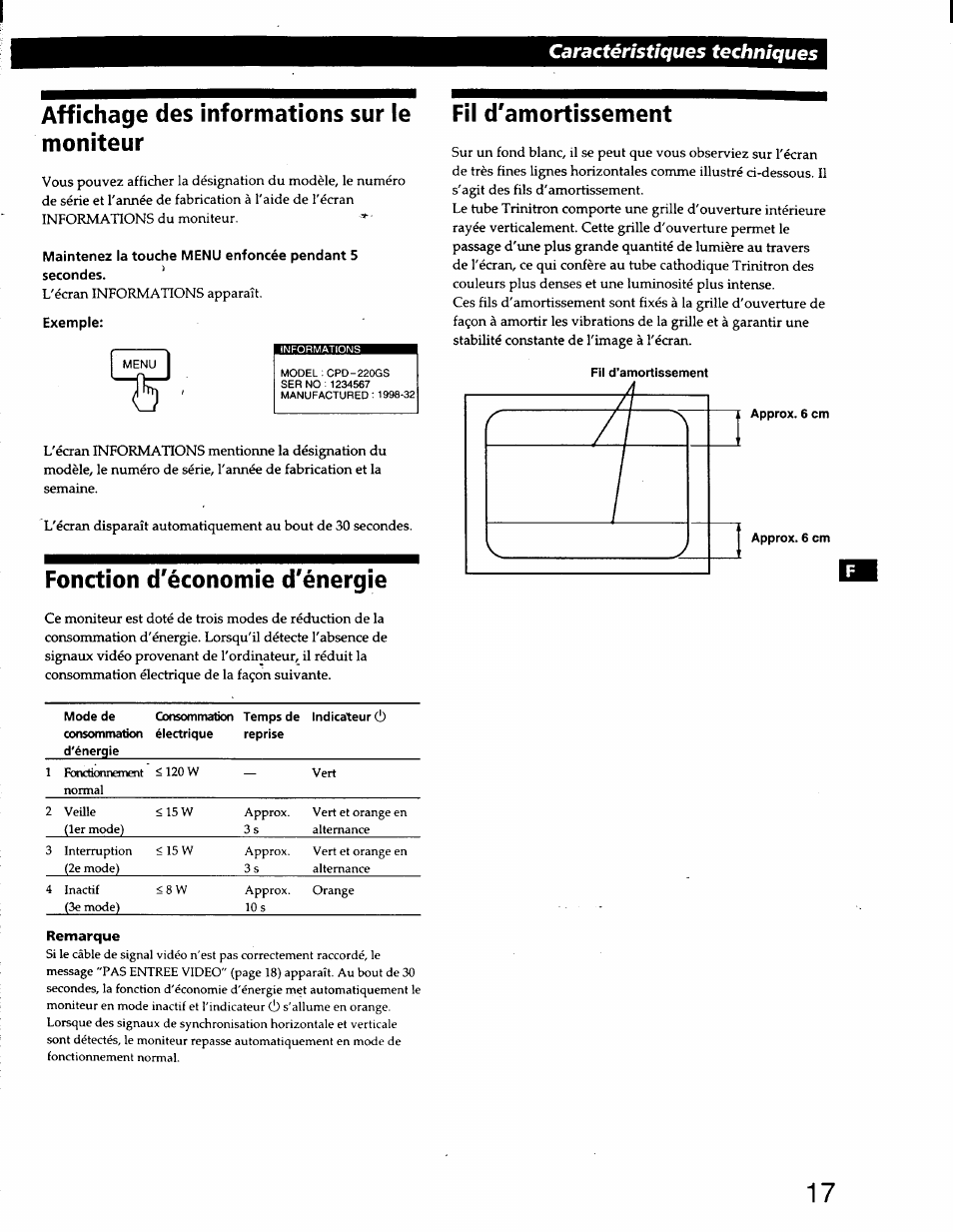 Affichage des informations sur le moniteur, Exemple, Fonction d'économie d'énergie | Fil d'amortissement, Fils d'amortissement, Caractéristiques techniques | Sony CPD-220GS User Manual | Page 35 / 76