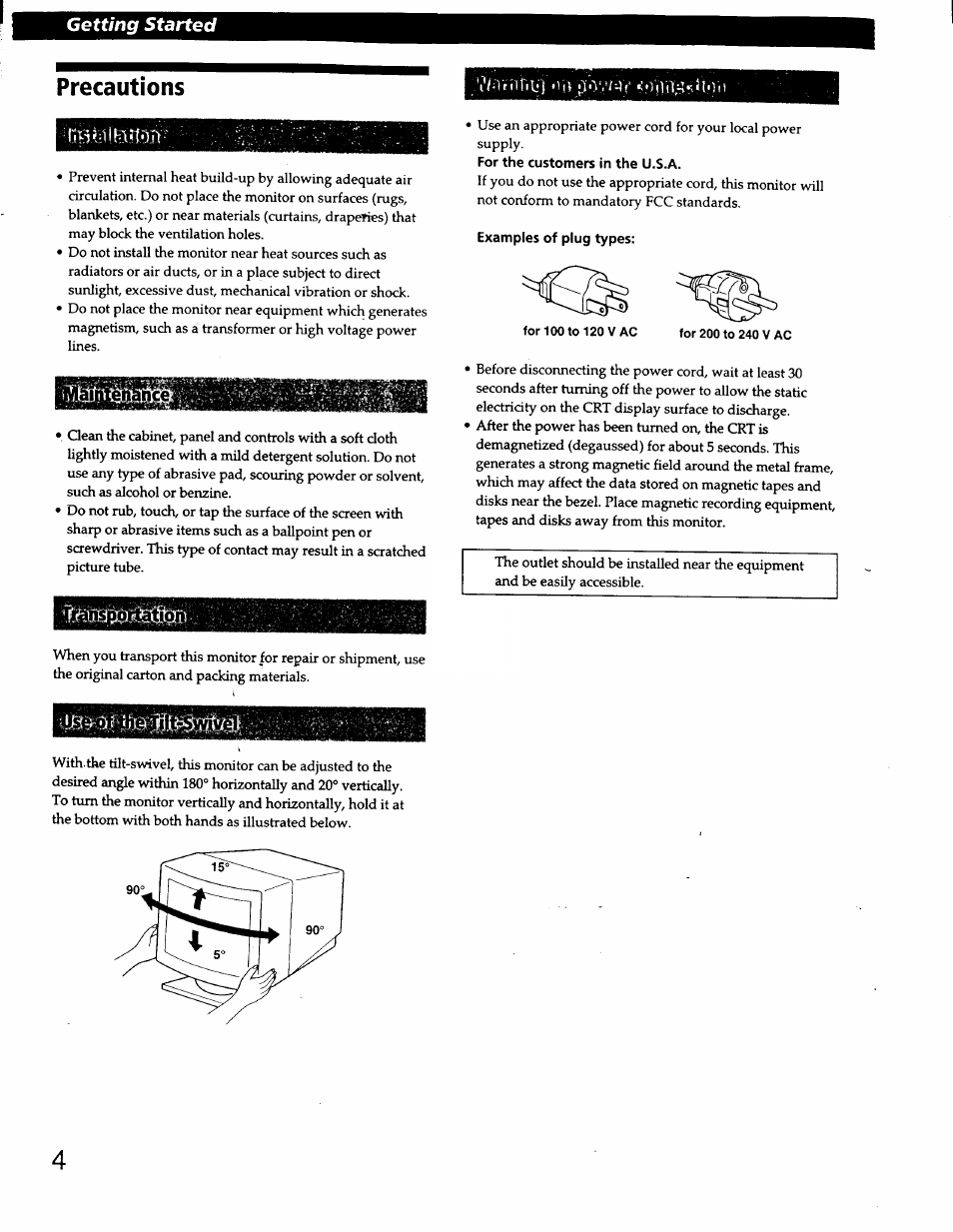 Precautions, Examples of plug types, Getting started | Sony CPD-220GS User Manual | Page 4 / 76