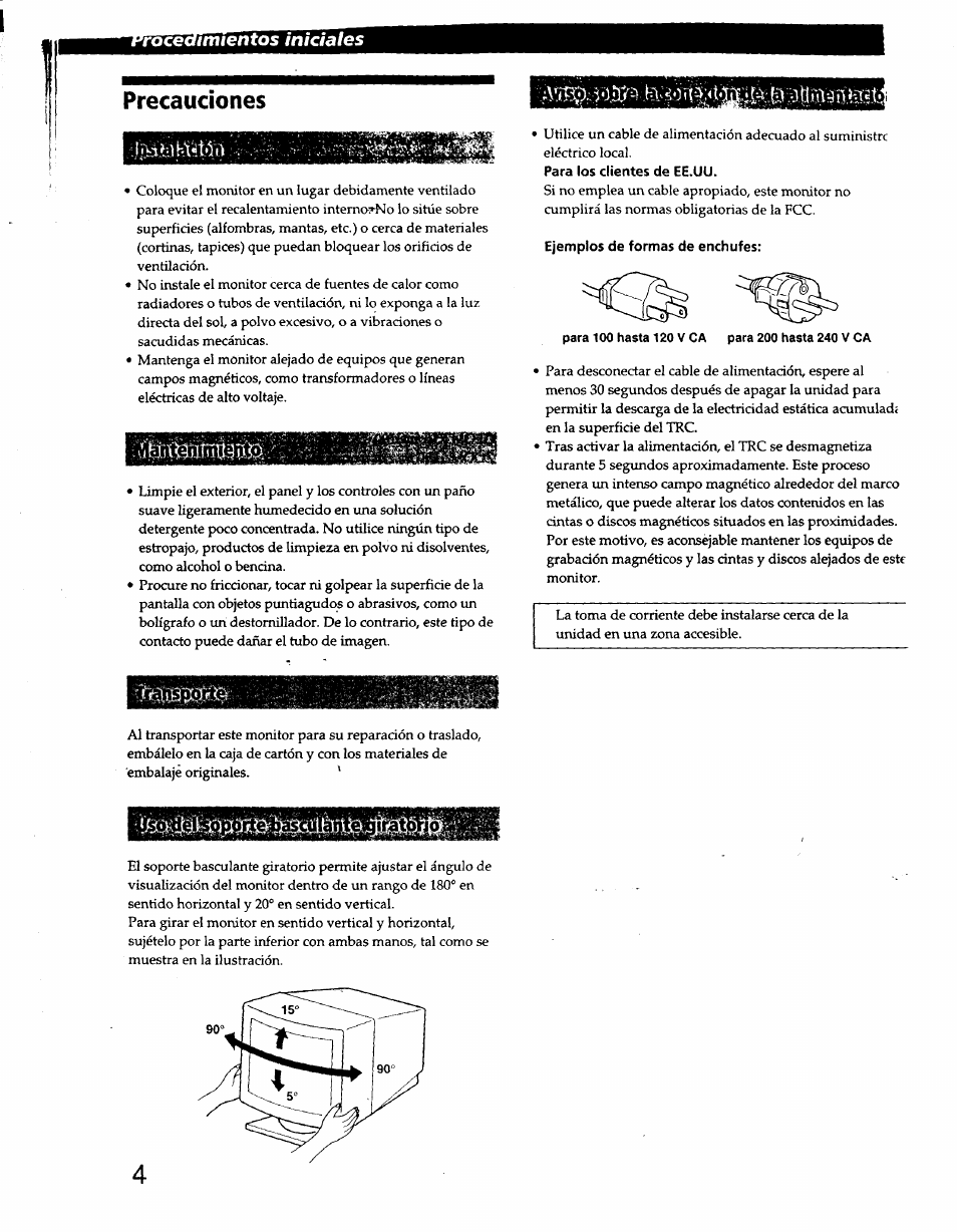 Precauciones, Ejemplos de formas de enchufes | Sony CPD-220GS User Manual | Page 40 / 76