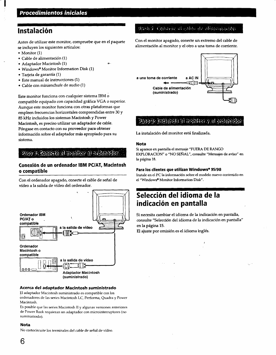 Instalación, Nota, Para los clientes que utilizan windows* 95/98 | Selección del idioma de la indicación en pantalla, Acerca del adaptador macintosh^ suministrado, Procedimientos iniciales | Sony CPD-220GS User Manual | Page 42 / 76