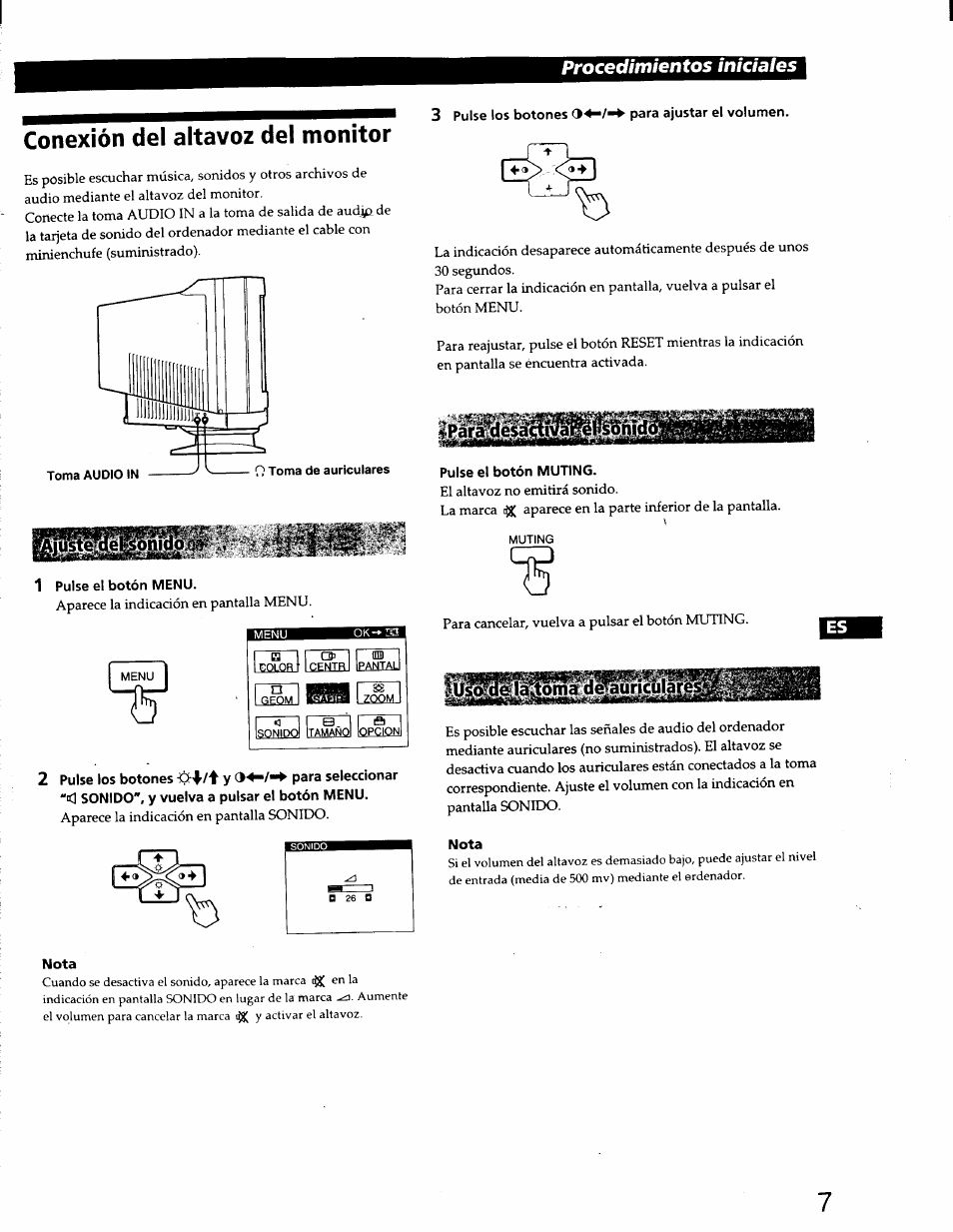 Conexión del altavoz del monitor, 1 pulse el botón menu, 2 pulse los botones y para seleccionar | 3 pulse los botones para ajustar el volumen, Pulse el botón muting, Nota, Ipáfá^désá^n/a, Procedimientos iniciales | Sony CPD-220GS User Manual | Page 43 / 76