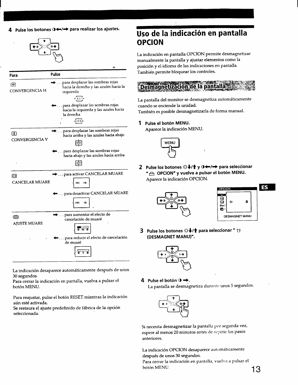 Uso de la ¡ndicación en pantalla opcion, 1 pulse el botón menu, 2 pulse los botones .ot-f/ih y para seleccionar | 4 pulse el botón 3, Uso de la indicación en pantalla opcion | Sony CPD-220GS User Manual | Page 49 / 76