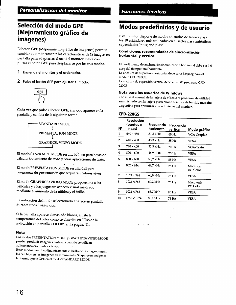 Nota, Modos predefinidos y de usuario, Cpd-220gs | Personalización del monitor funciones técnicas | Sony CPD-220GS User Manual | Page 52 / 76