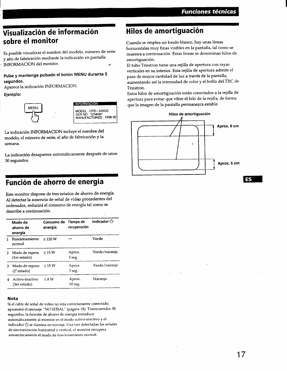 Vísualización de información sobre el monitor, Función de ahorro de energía, Hilos de amortiguación | Vibualizadón de información sobre el monitor, Funciones técnicas | Sony CPD-220GS User Manual | Page 53 / 76