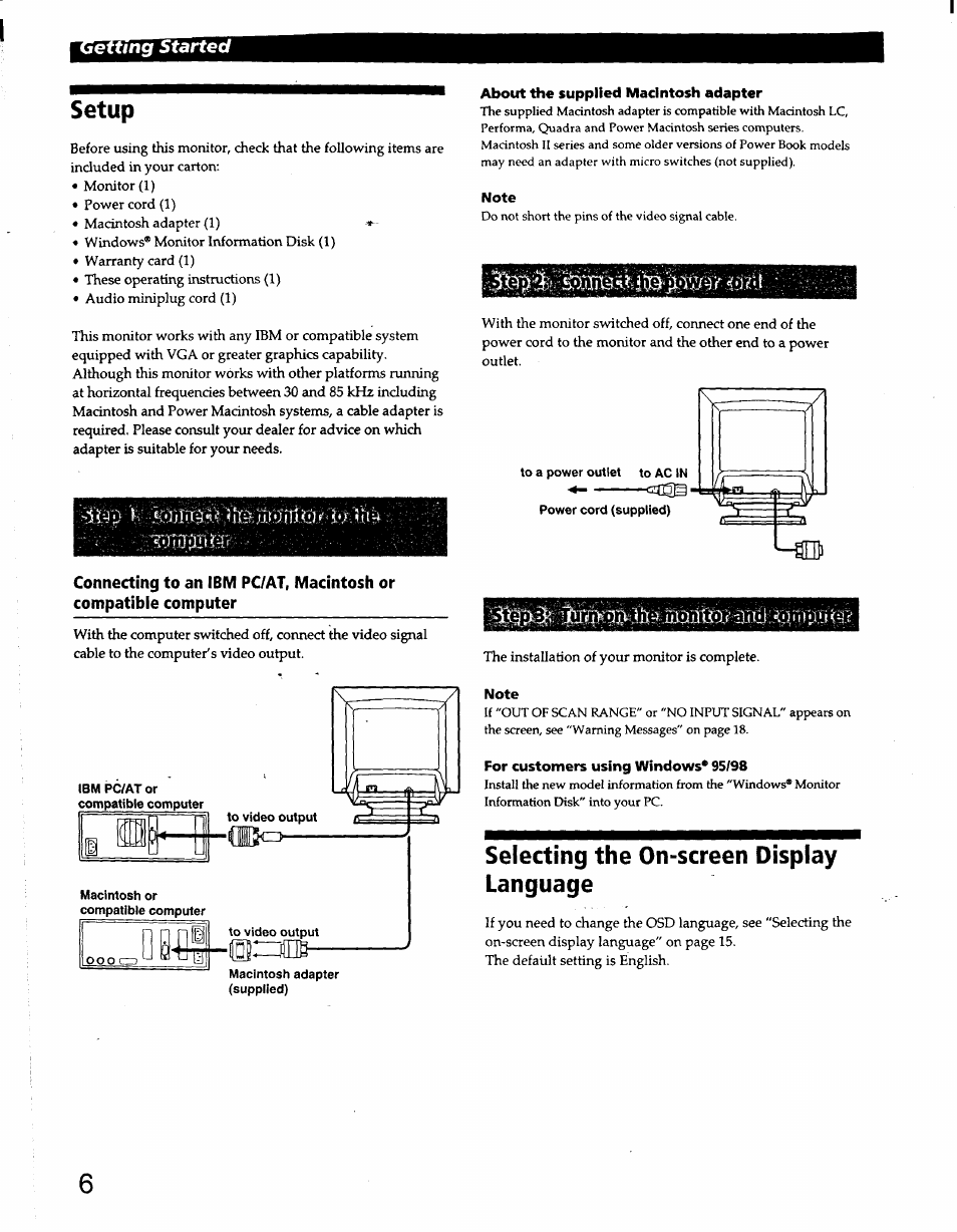 Setup, About the supplied macintosh adapter, Note | For customers using windows* 95/98, Selecting the on-screen display language, Etting started | Sony CPD-220GS User Manual | Page 6 / 76