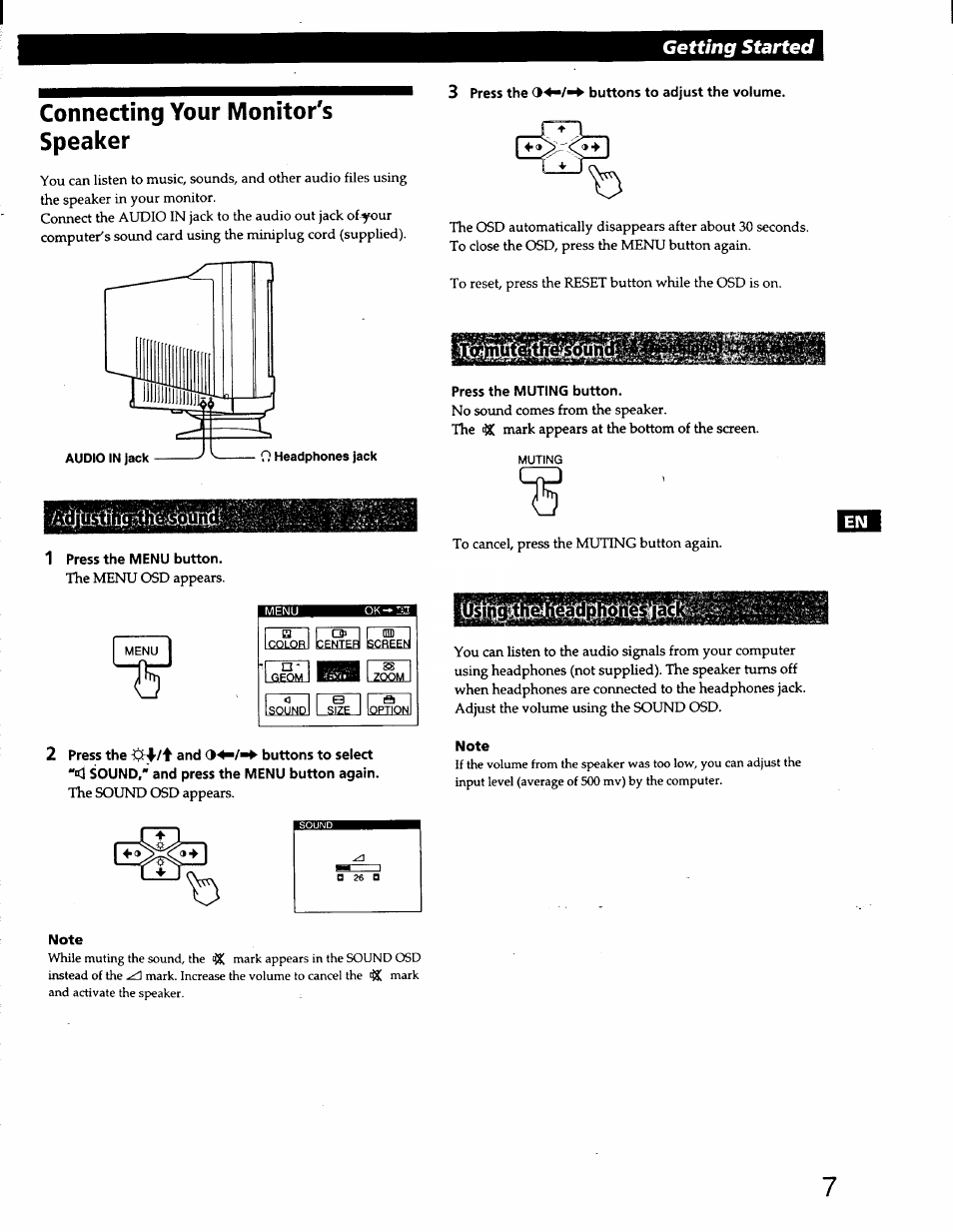 Connecting your monitor's speaker, 1 press the menu button, Press the muting button | 2 press the and buttons to select, Note, Getting started | Sony CPD-220GS User Manual | Page 7 / 76