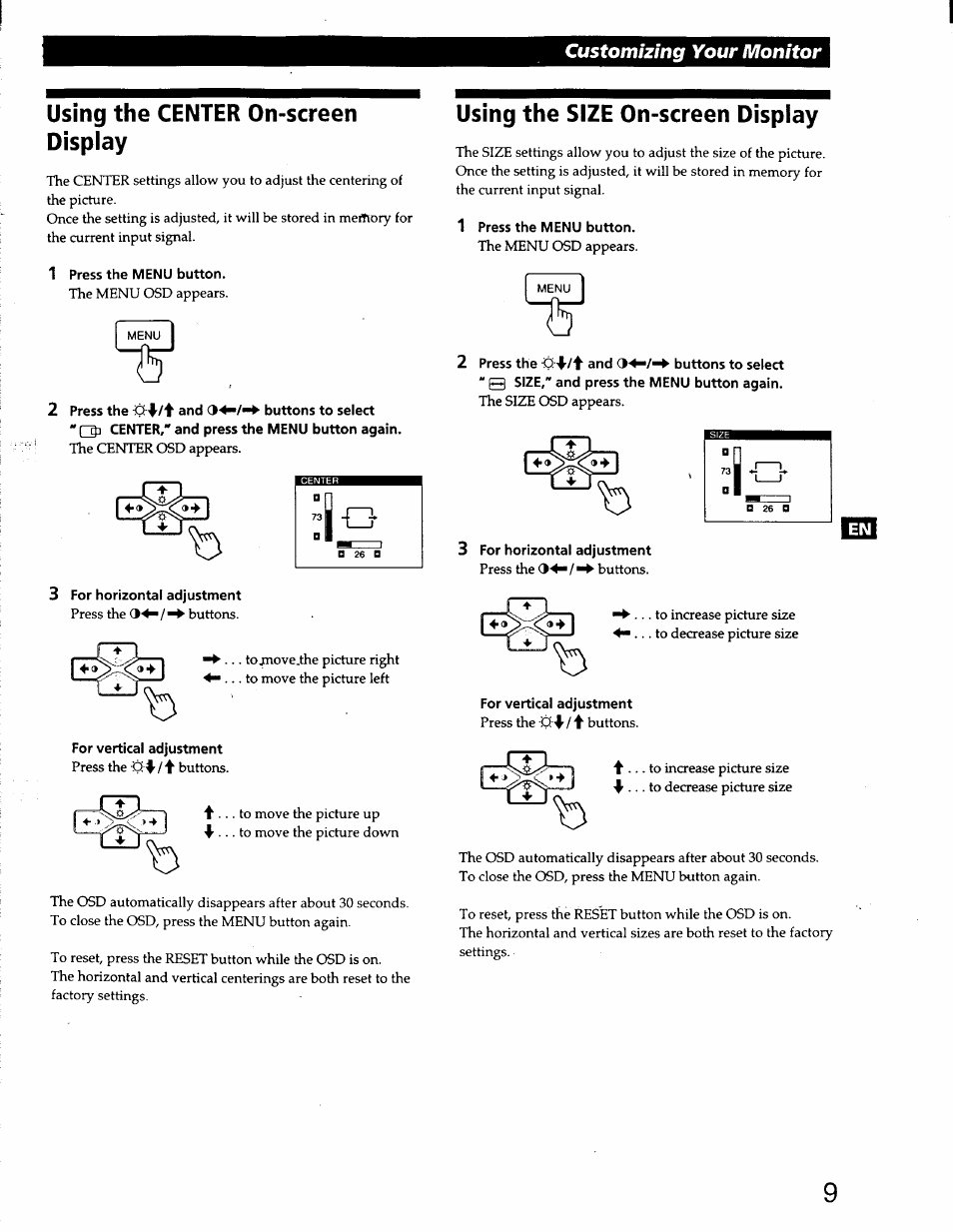 Using the center on-screen display, 1 press the menu button, 2 press the and buttons to select | 3 for horizontal adjustment, For vertical adjustment, Using the size on-screen display, Customizing your monitor | Sony CPD-220GS User Manual | Page 9 / 76