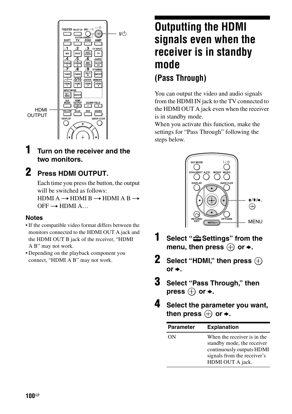 Outputting the hdmi signals even when the, Receiver is in standby mode (pass through), Pass through) | Sony STR-DA4600ES User Manual | Page 100 / 170