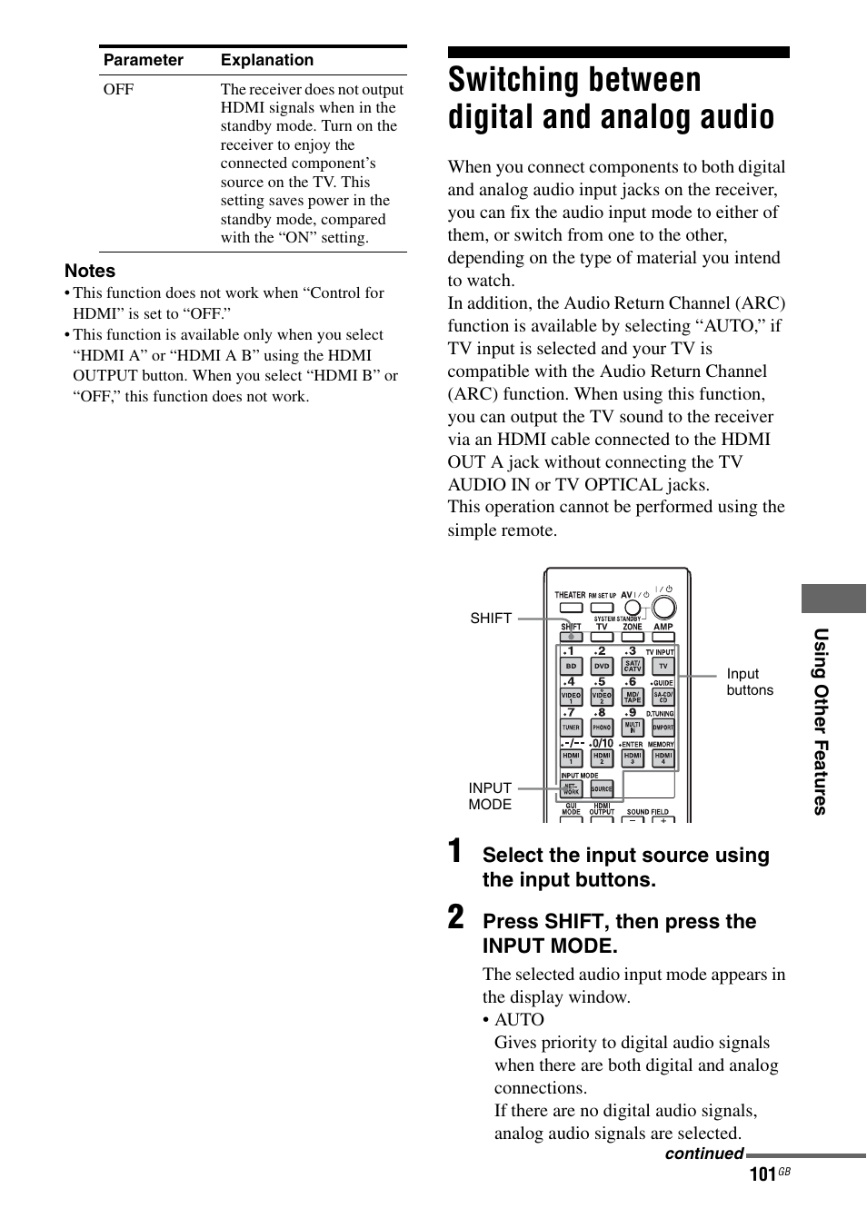 Switching between digital and analog audio, Switching between digital and analog, Audio | Sony STR-DA4600ES User Manual | Page 101 / 170
