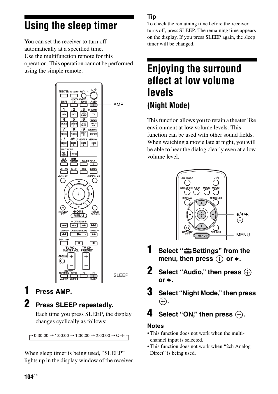 Using the sleep timer, Levels (night mode), Enjoying the surround effect at low volume levels | Night mode) | Sony STR-DA4600ES User Manual | Page 104 / 170