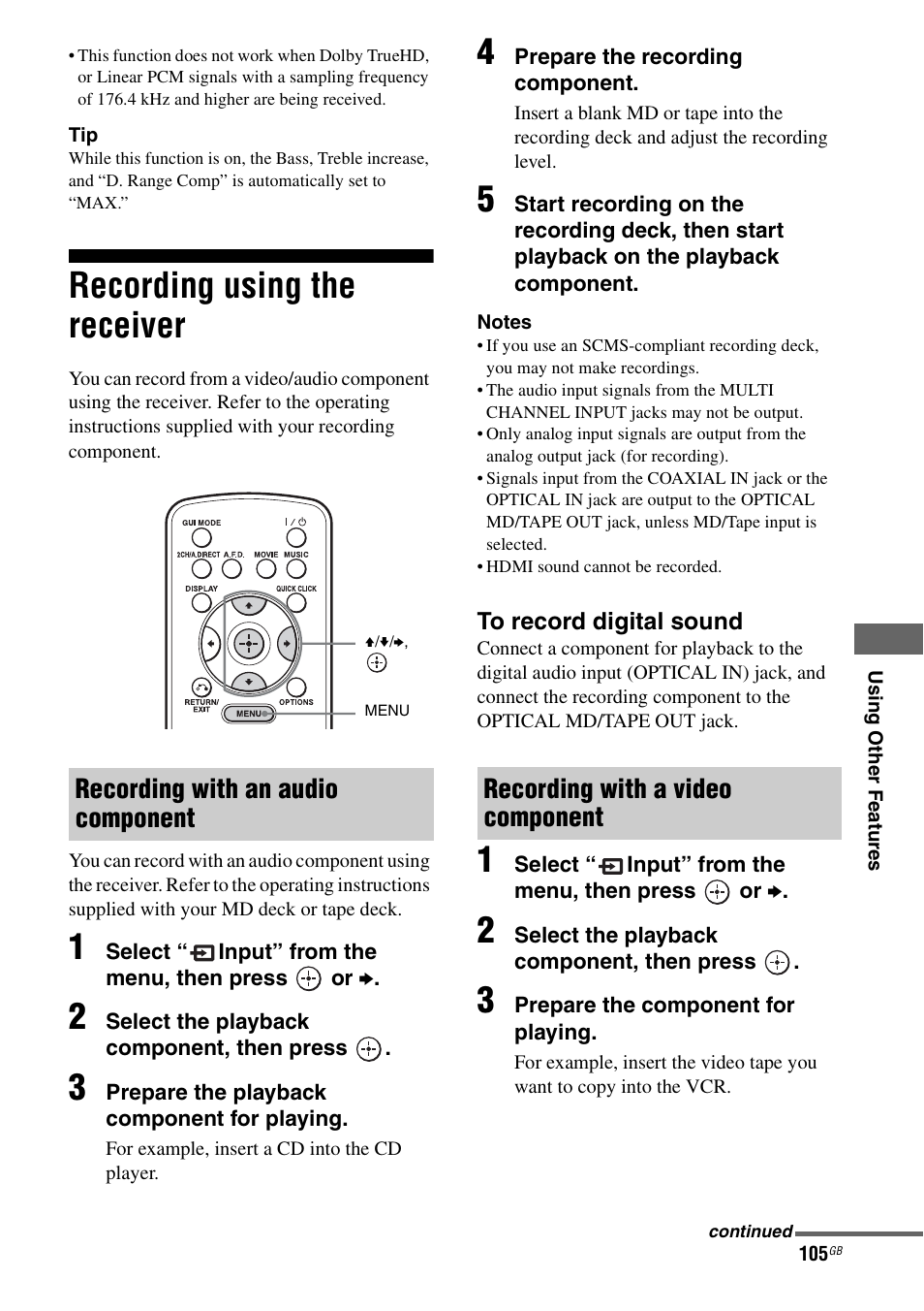 Recording using the receiver, Recording with an audio component, Recording with a video component | Sony STR-DA4600ES User Manual | Page 105 / 170