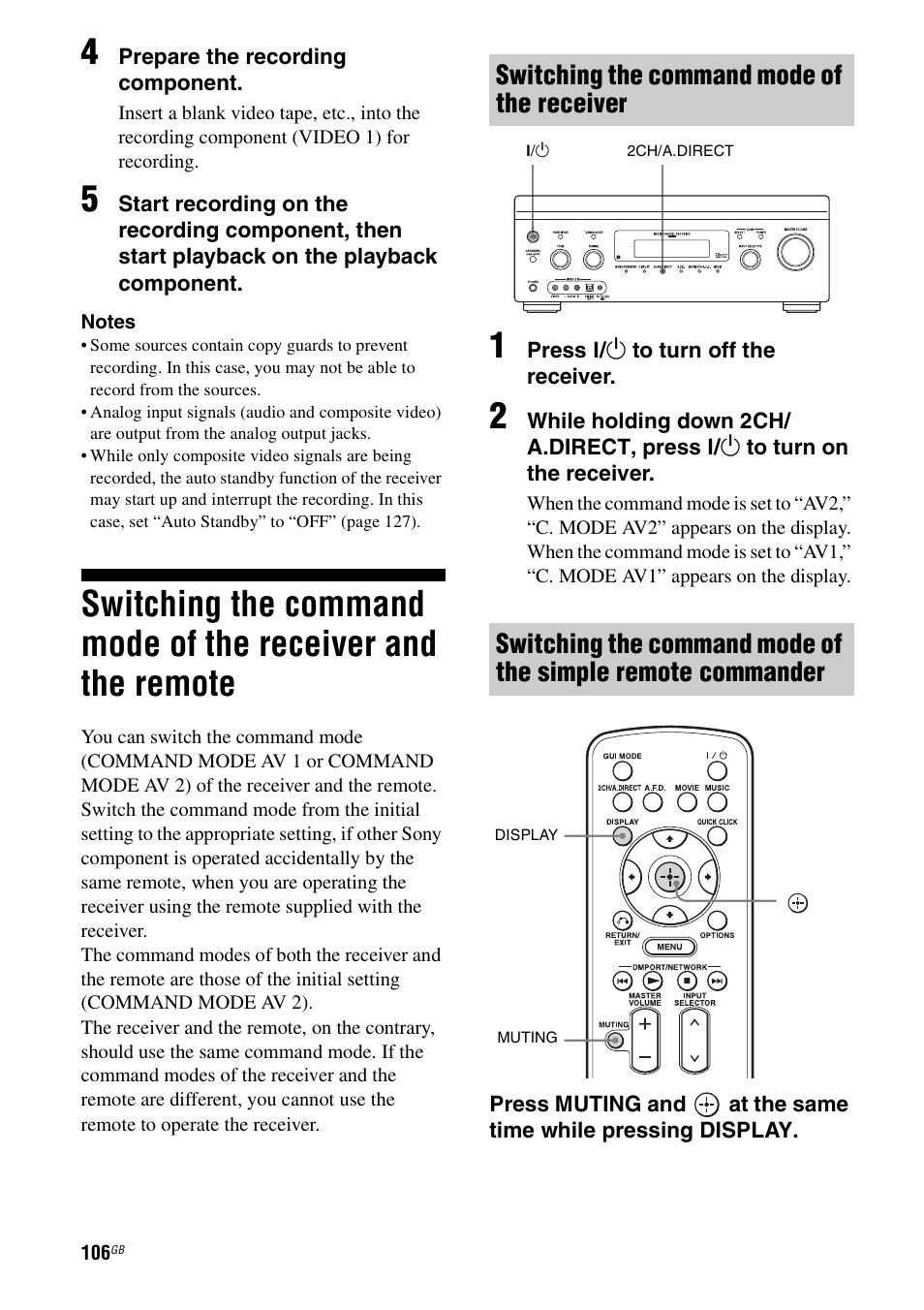 Switching the command mode of the receiver, And the remote | Sony STR-DA4600ES User Manual | Page 106 / 170