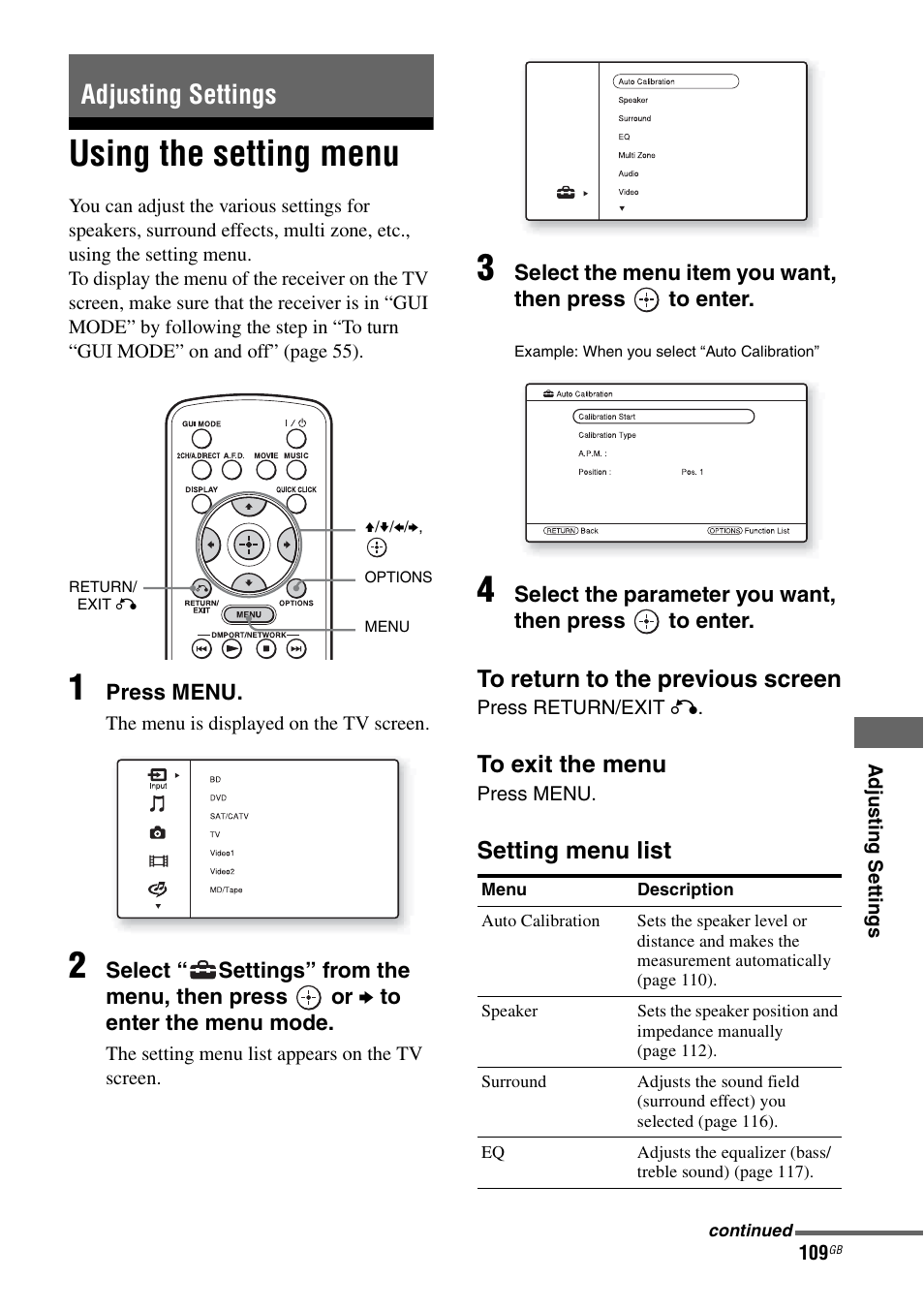 Adjusting settings, Using the setting menu | Sony STR-DA4600ES User Manual | Page 109 / 170