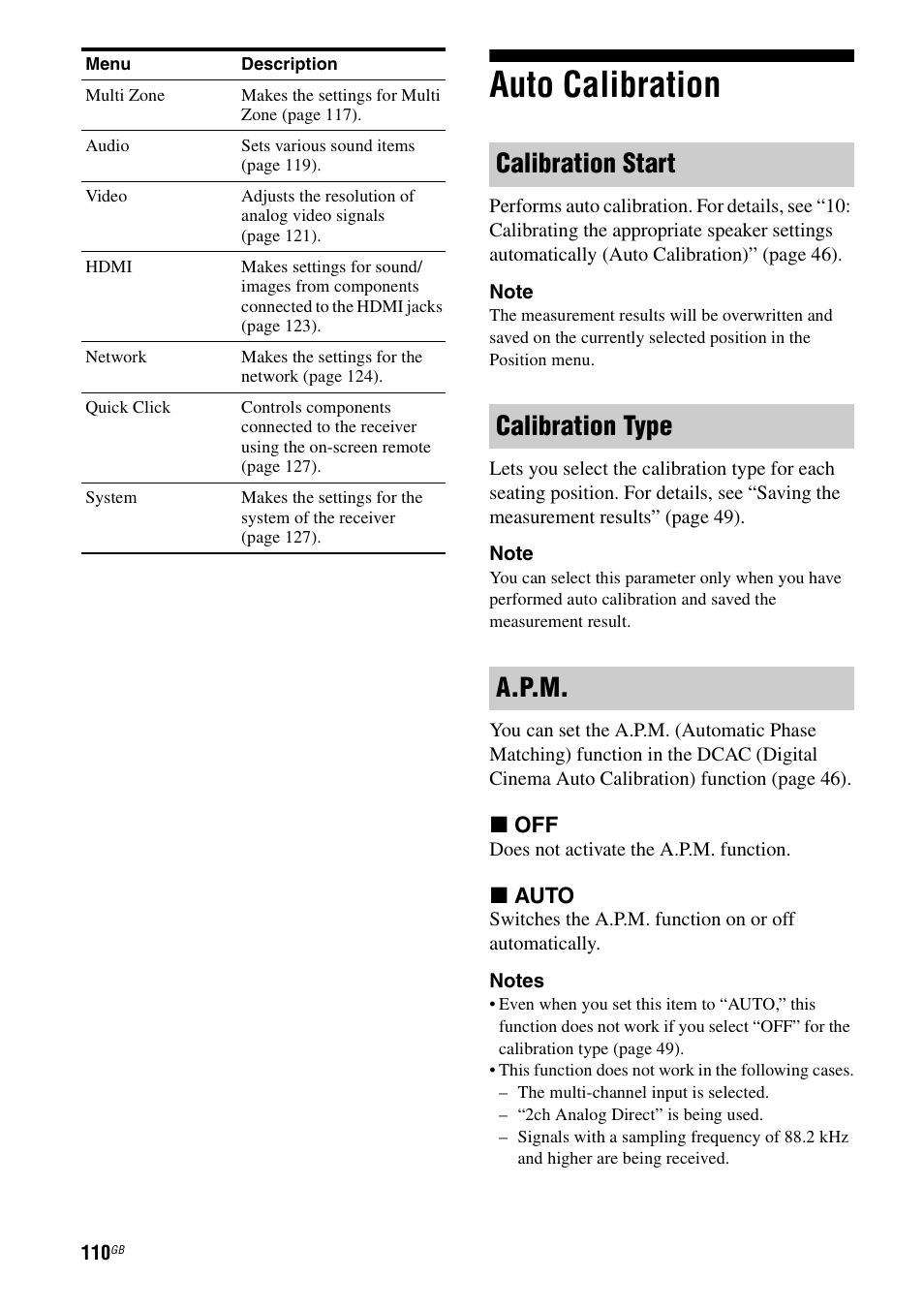 Auto calibration, Calibration start calibration type a.p.m | Sony STR-DA4600ES User Manual | Page 110 / 170