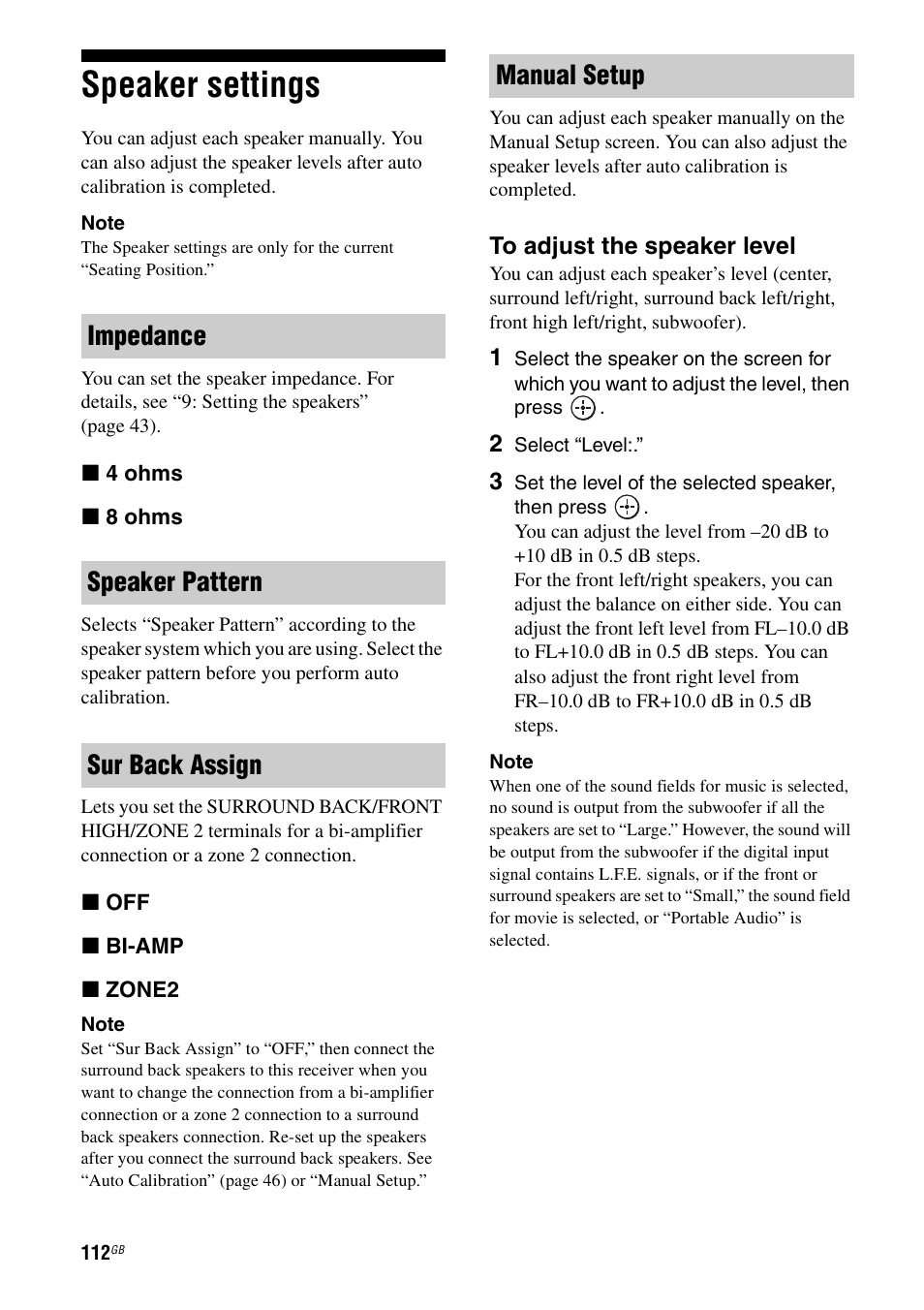 Speaker settings | Sony STR-DA4600ES User Manual | Page 112 / 170