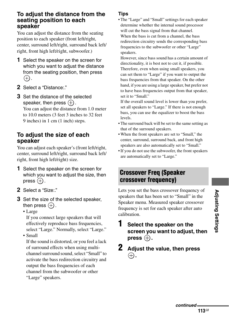 Crossover freq (speaker crossover frequency) | Sony STR-DA4600ES User Manual | Page 113 / 170