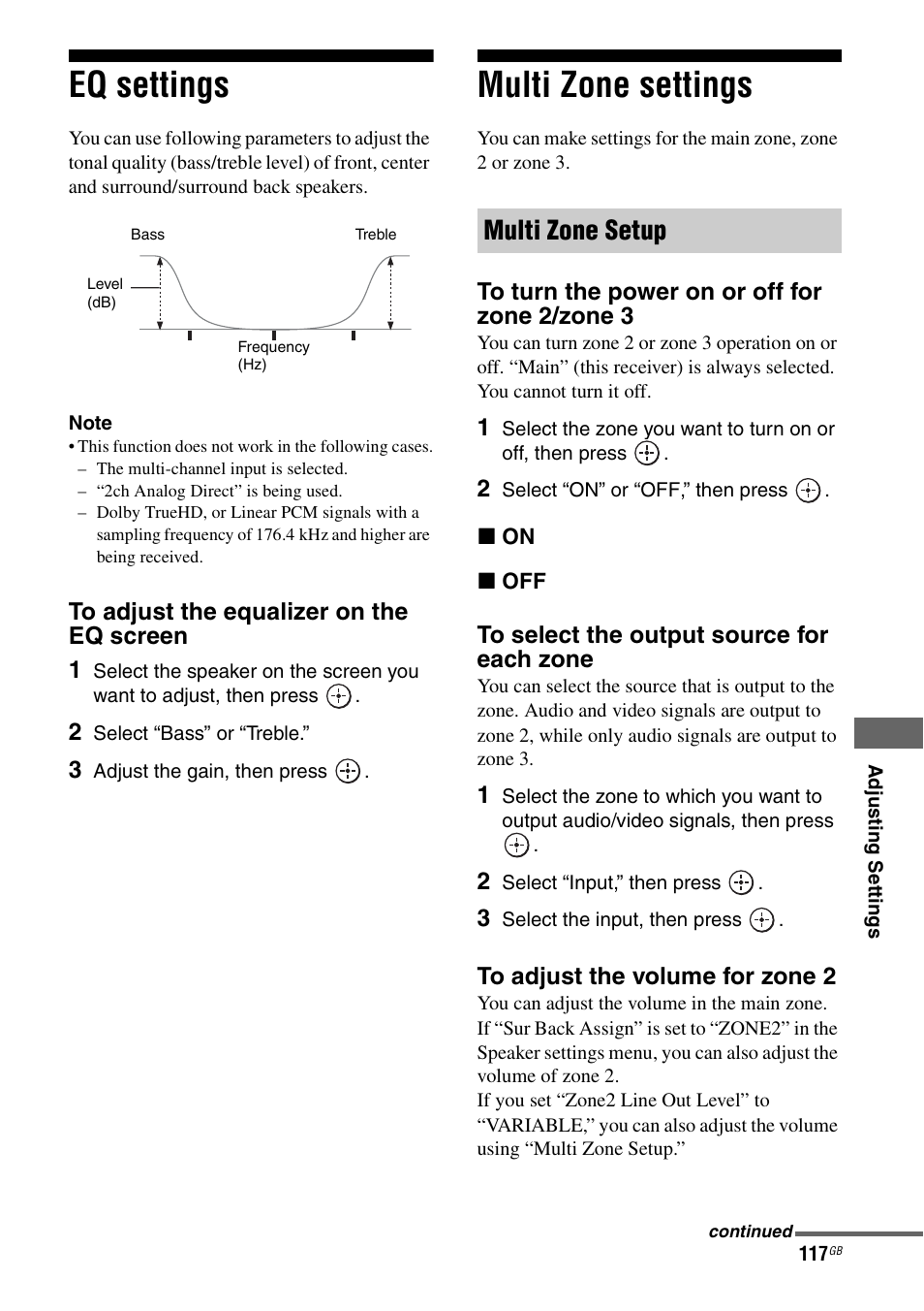 Eq settings, Multi zone settings, Eq settings multi zone settings | Multi zone setup | Sony STR-DA4600ES User Manual | Page 117 / 170