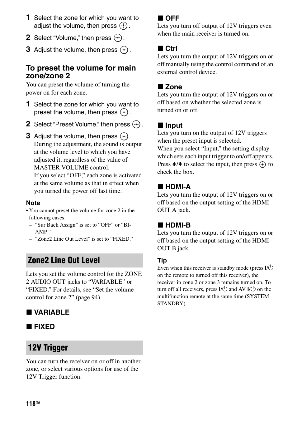 Zone2 line out level 12v trigger | Sony STR-DA4600ES User Manual | Page 118 / 170