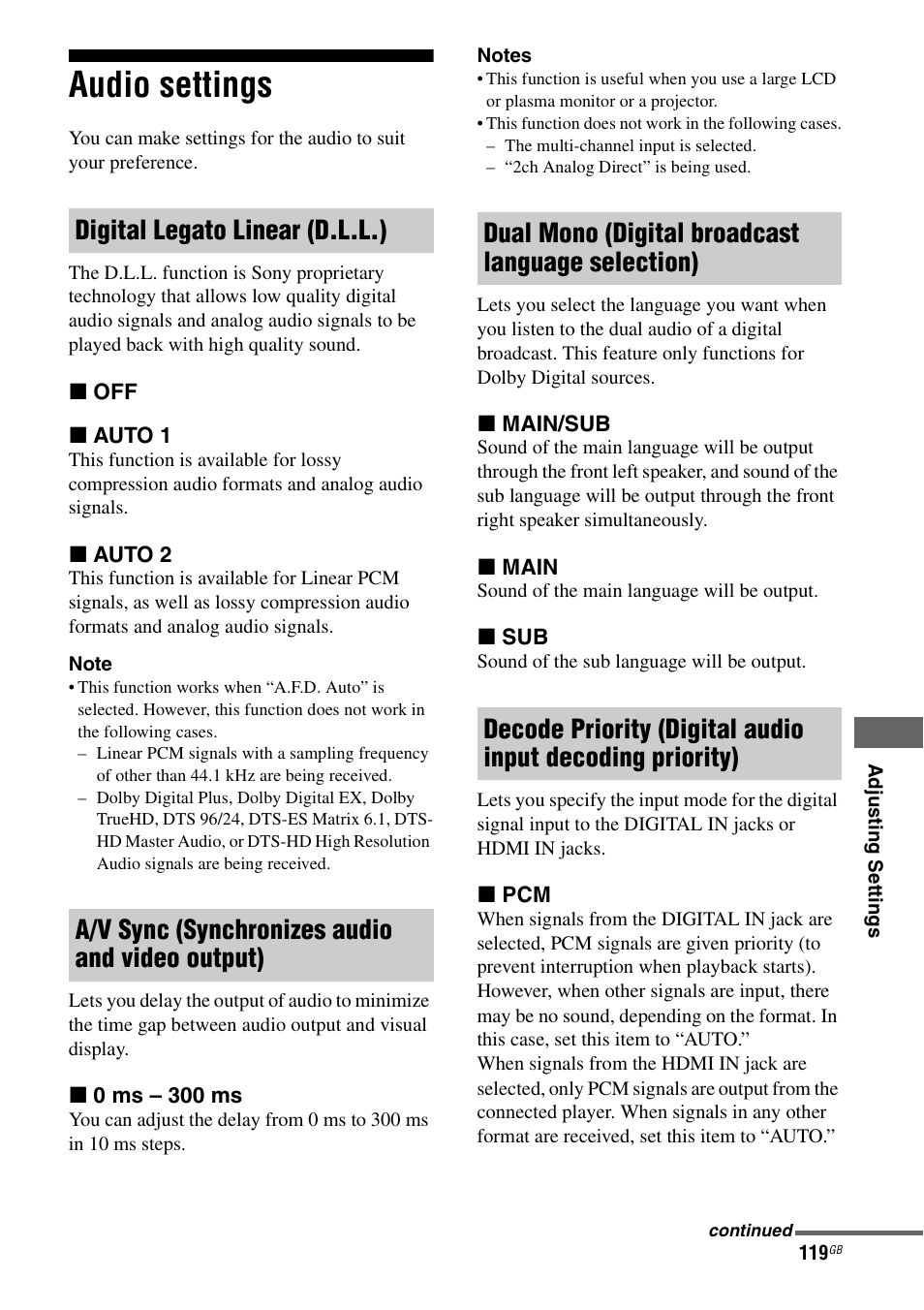 Audio settings | Sony STR-DA4600ES User Manual | Page 119 / 170