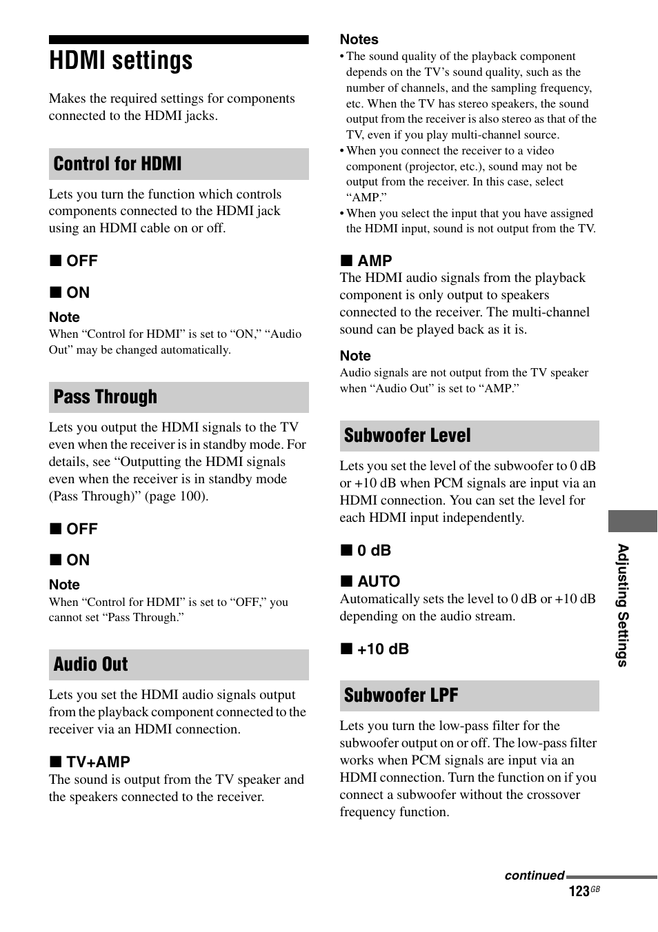 Hdmi settings | Sony STR-DA4600ES User Manual | Page 123 / 170