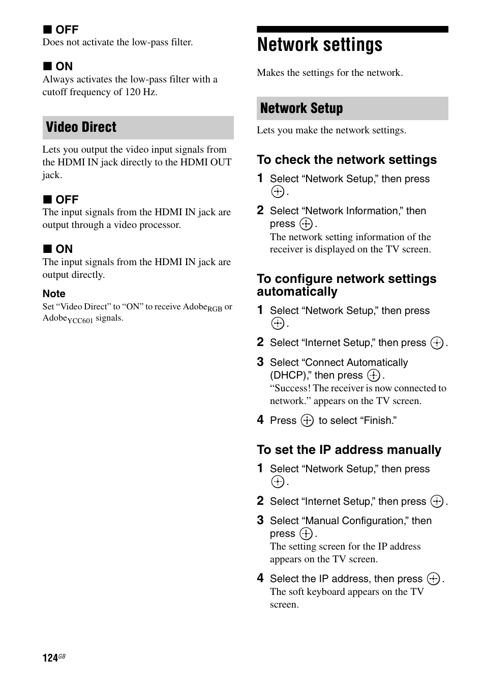 Network settings, Video direct network setup | Sony STR-DA4600ES User Manual | Page 124 / 170
